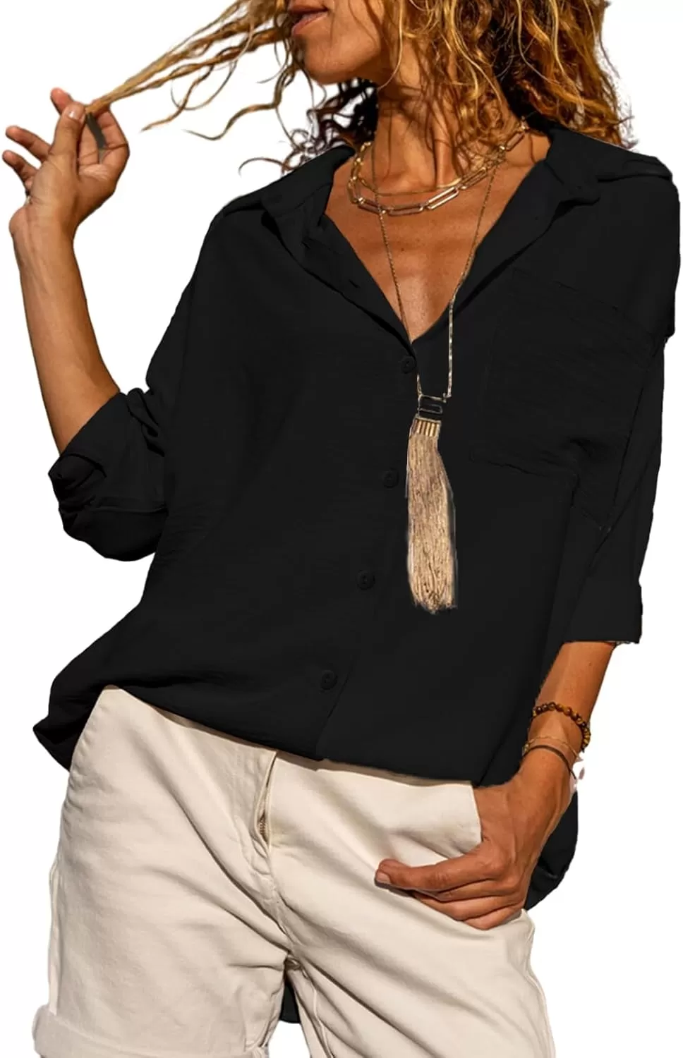 imageAstylish Women Casual V Neck Button Down Silk Shirt Long Sleeve Color Block Blouse Tunic TopsSolid Black