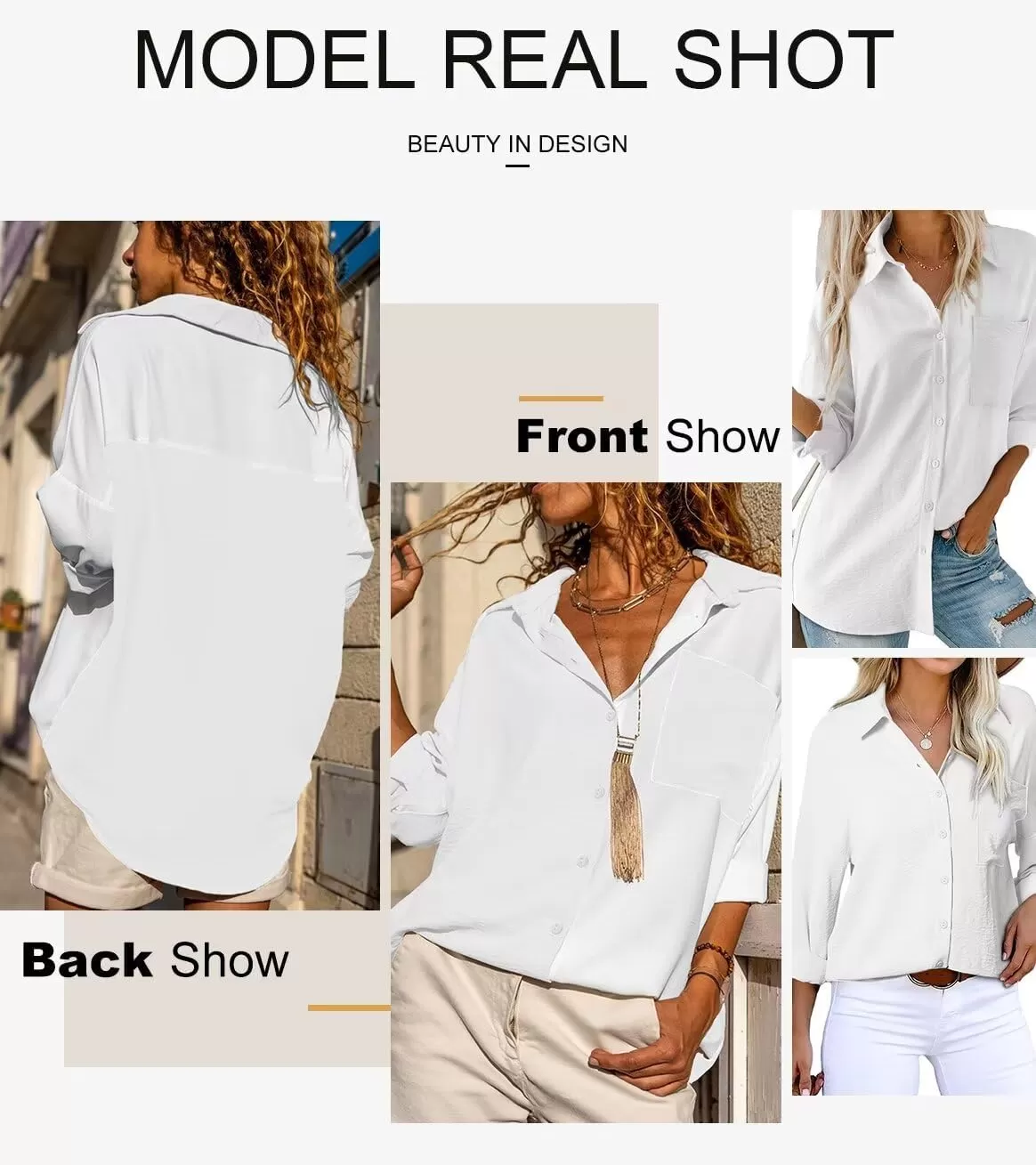 imageAstylish Women Casual V Neck Button Down Silk Shirt Long Sleeve Color Block Blouse Tunic TopsSolid White