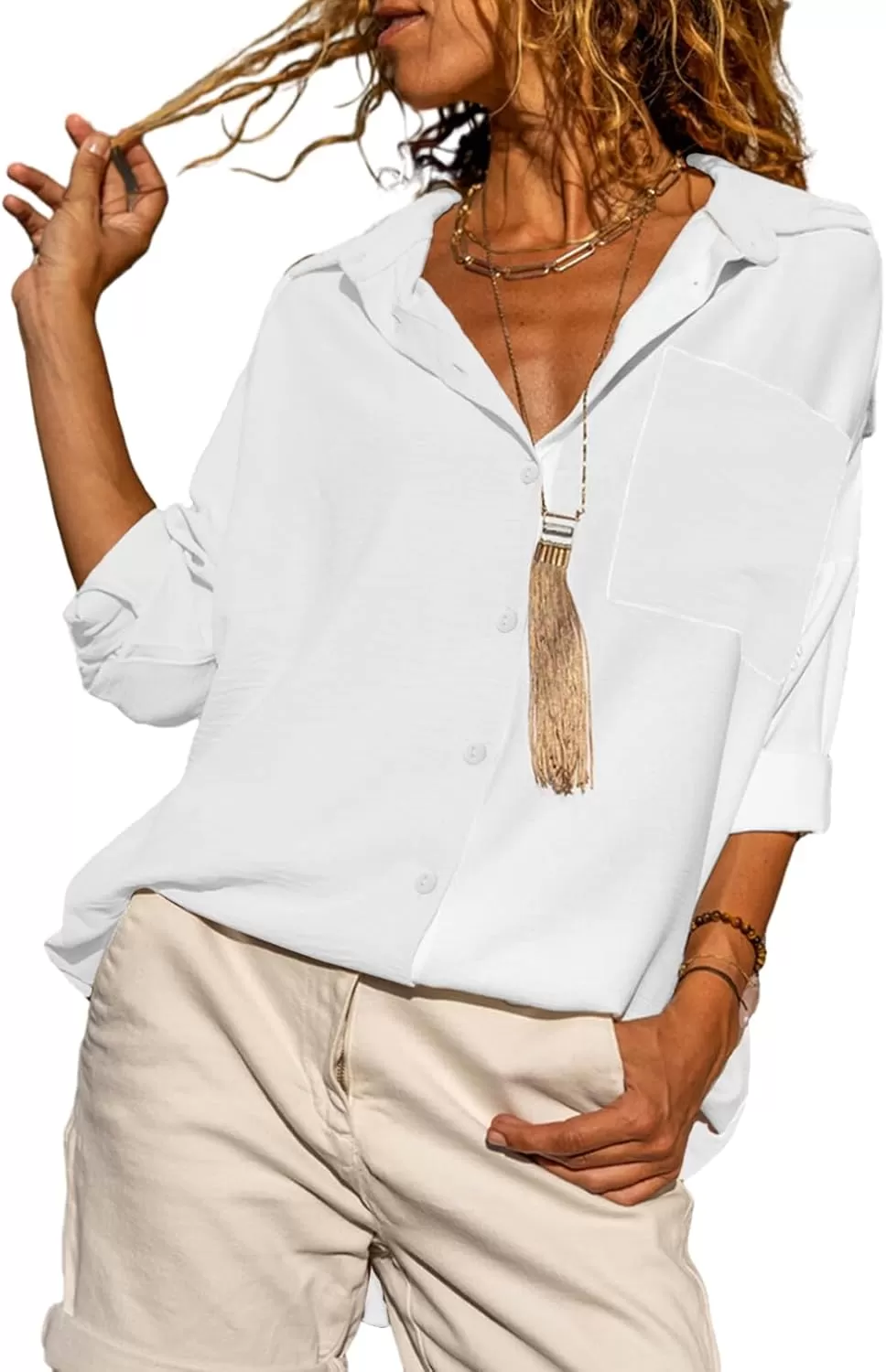 imageAstylish Women Casual V Neck Button Down Silk Shirt Long Sleeve Color Block Blouse Tunic TopsSolid White