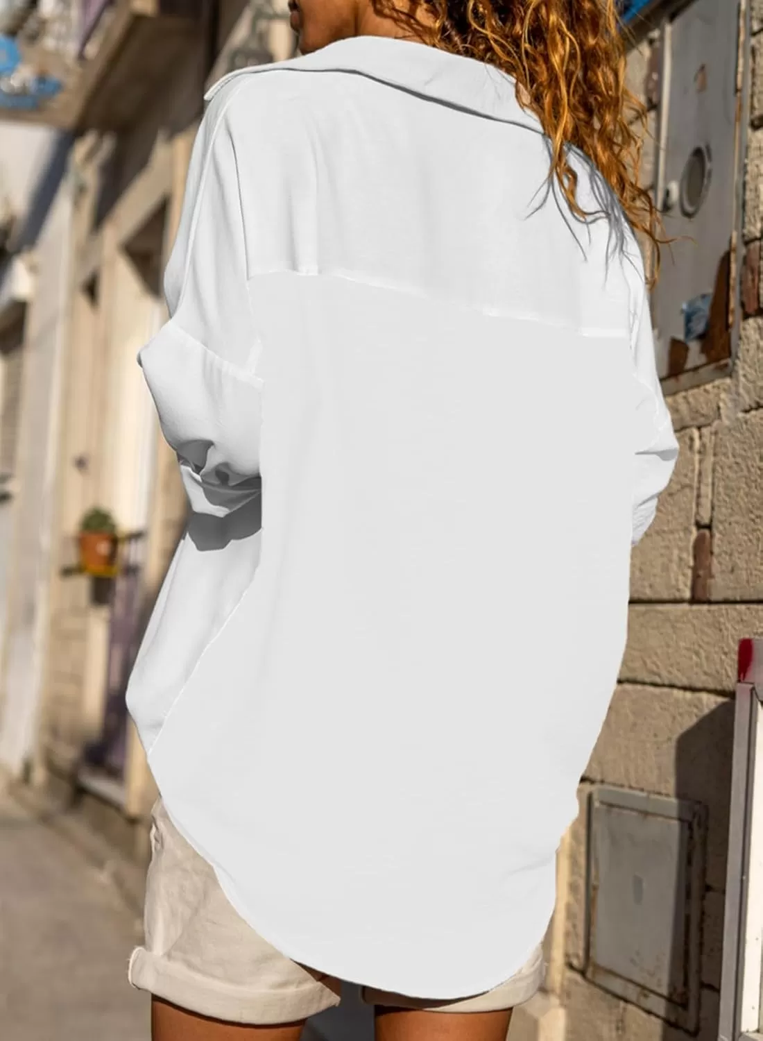 imageAstylish Women Casual V Neck Button Down Silk Shirt Long Sleeve Color Block Blouse Tunic TopsSolid White