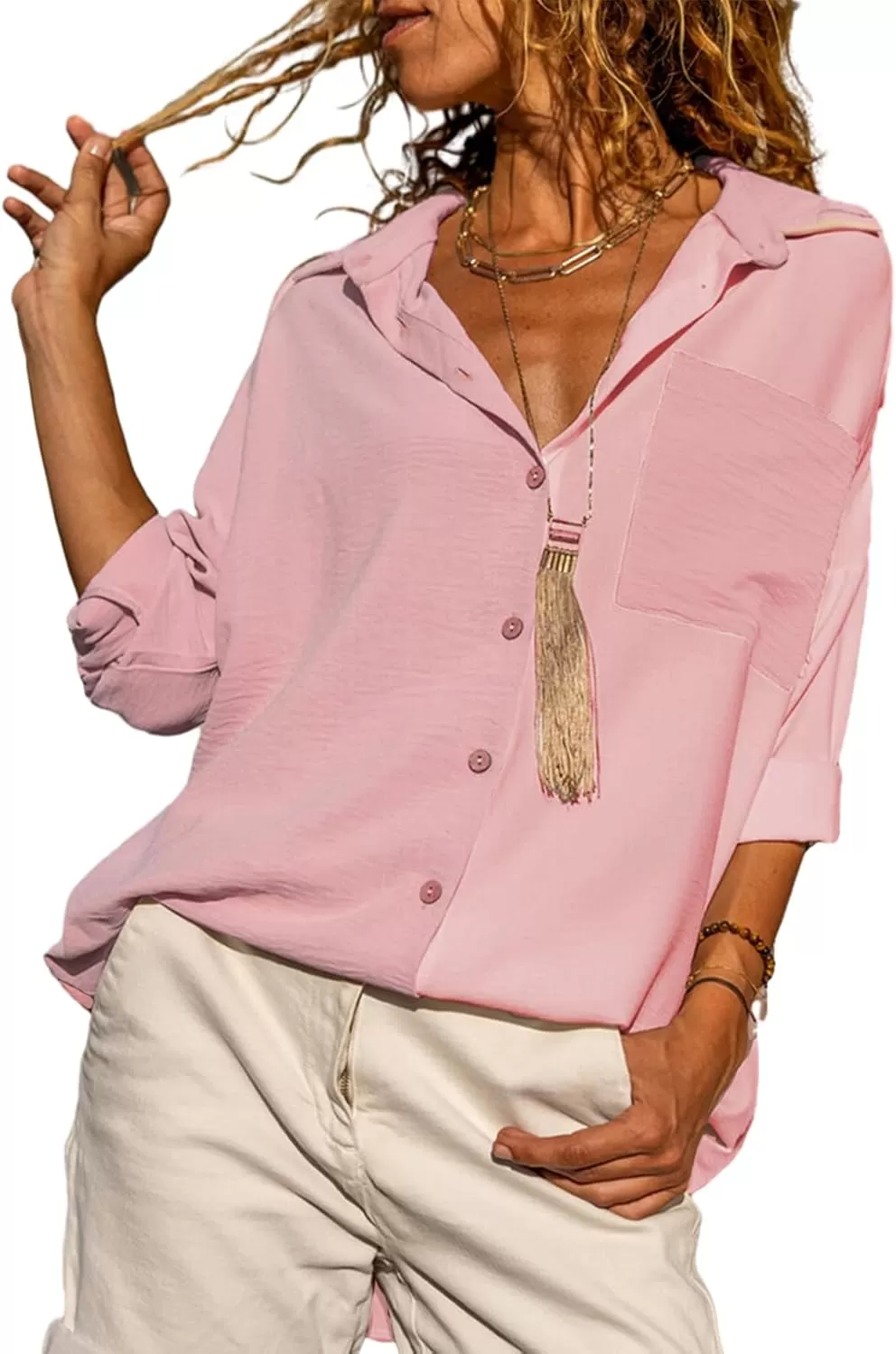 imageAstylish Women Casual V Neck Button Down Silk Shirt Long Sleeve Color Block Blouse Tunic TopsU Rose
