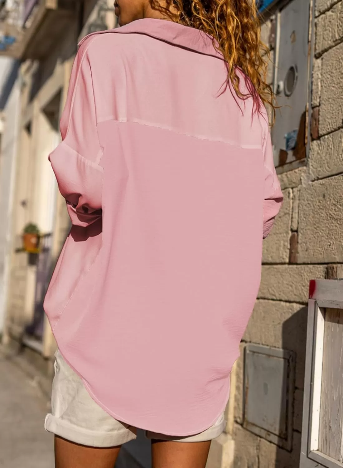 imageAstylish Women Casual V Neck Button Down Silk Shirt Long Sleeve Color Block Blouse Tunic TopsU Rose