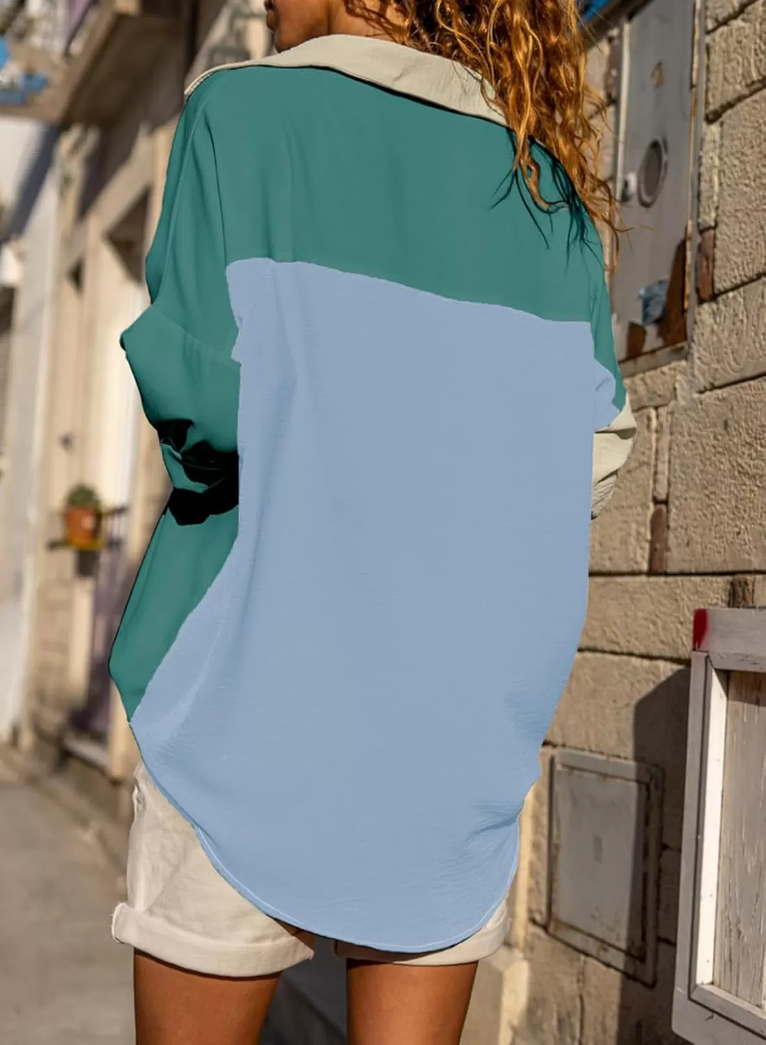 imageAstylish Women Casual V Neck Button Down Silk Shirt Long Sleeve Color Block Blouse Tunic TopsV Green