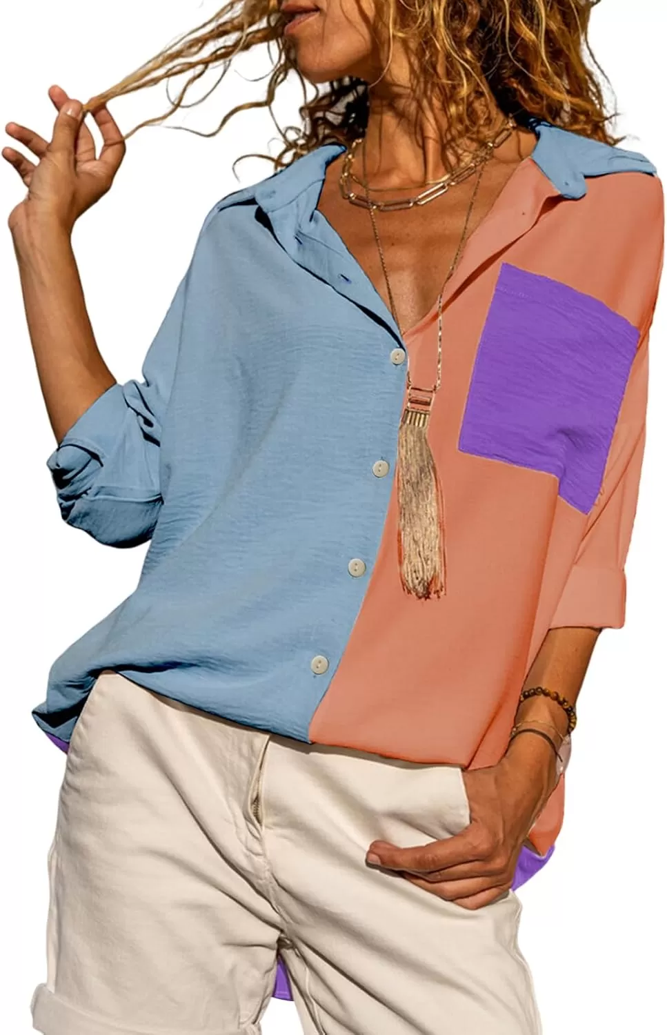 imageAstylish Women Casual V Neck Button Down Silk Shirt Long Sleeve Color Block Blouse Tunic TopsV Multicolour