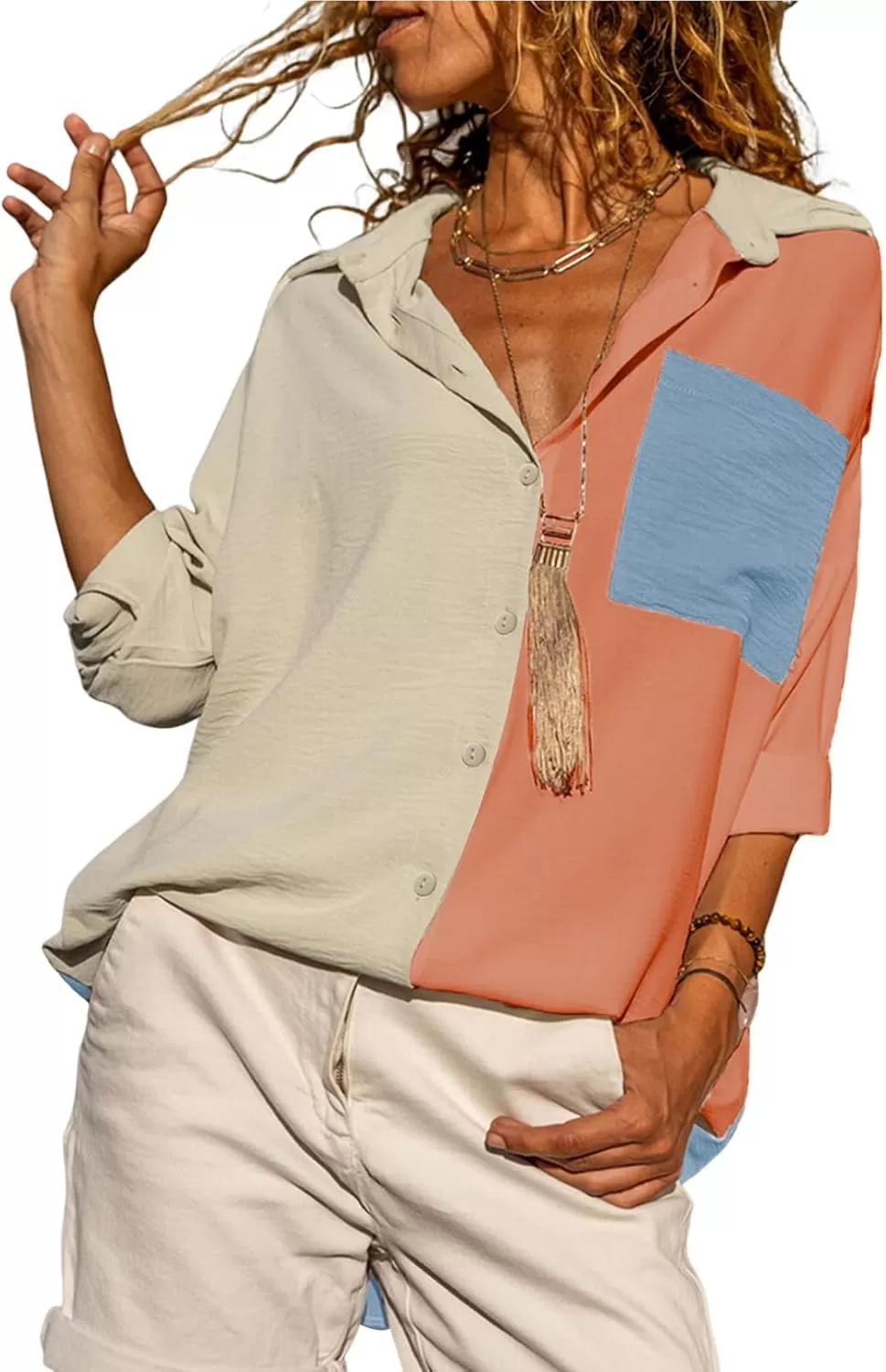 imageAstylish Women Casual V Neck Button Down Silk Shirt Long Sleeve Color Block Blouse Tunic TopsV Pink