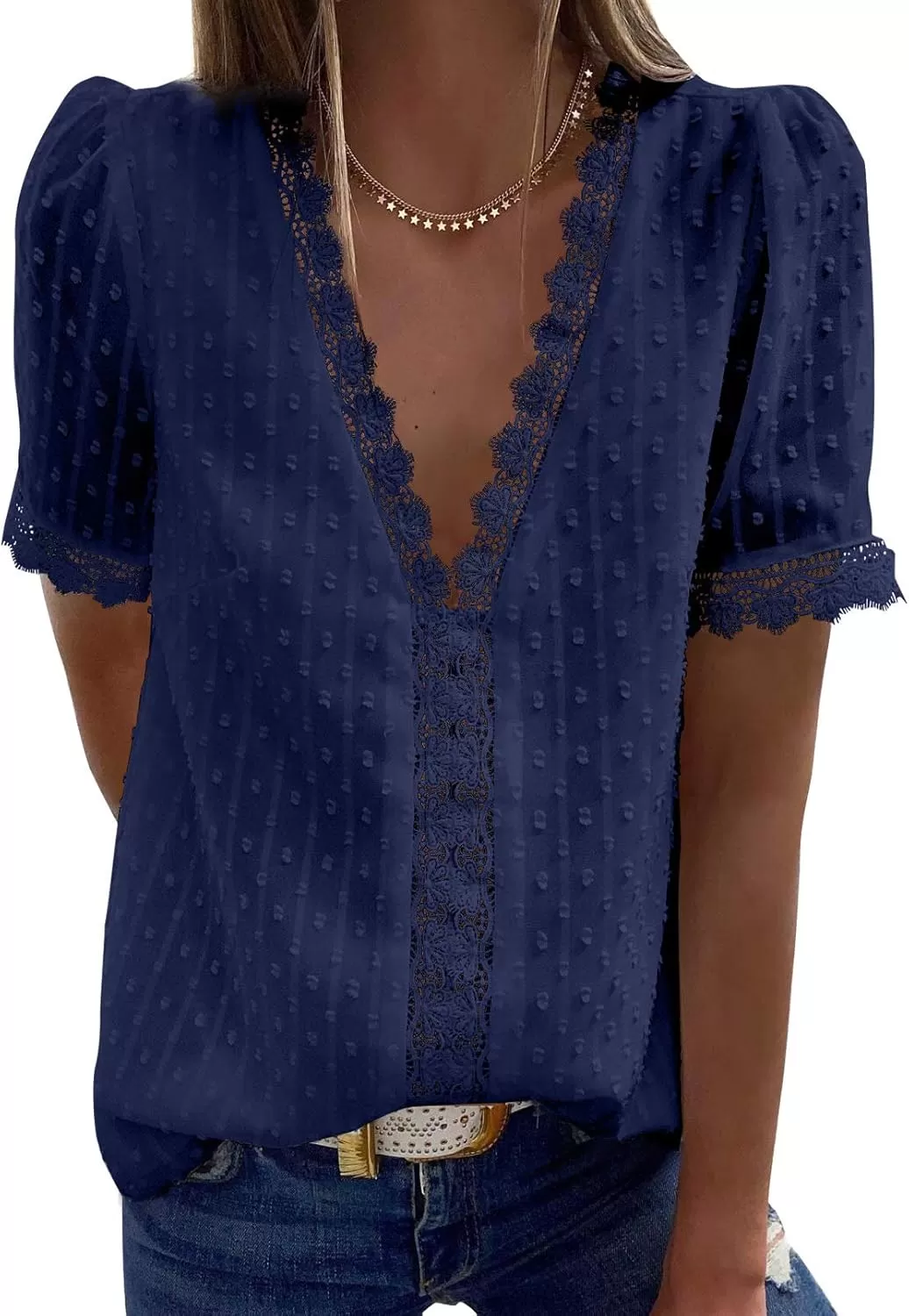 imageAstylish Womens 2023 Lace V Neck Tunic Tank Tops Casual Sleeveless Shirt BlouseU Blue
