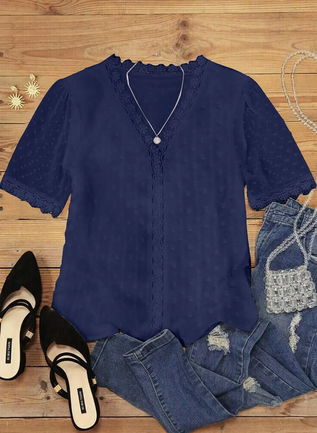 imageAstylish Womens 2023 Lace V Neck Tunic Tank Tops Casual Sleeveless Shirt BlouseU Blue