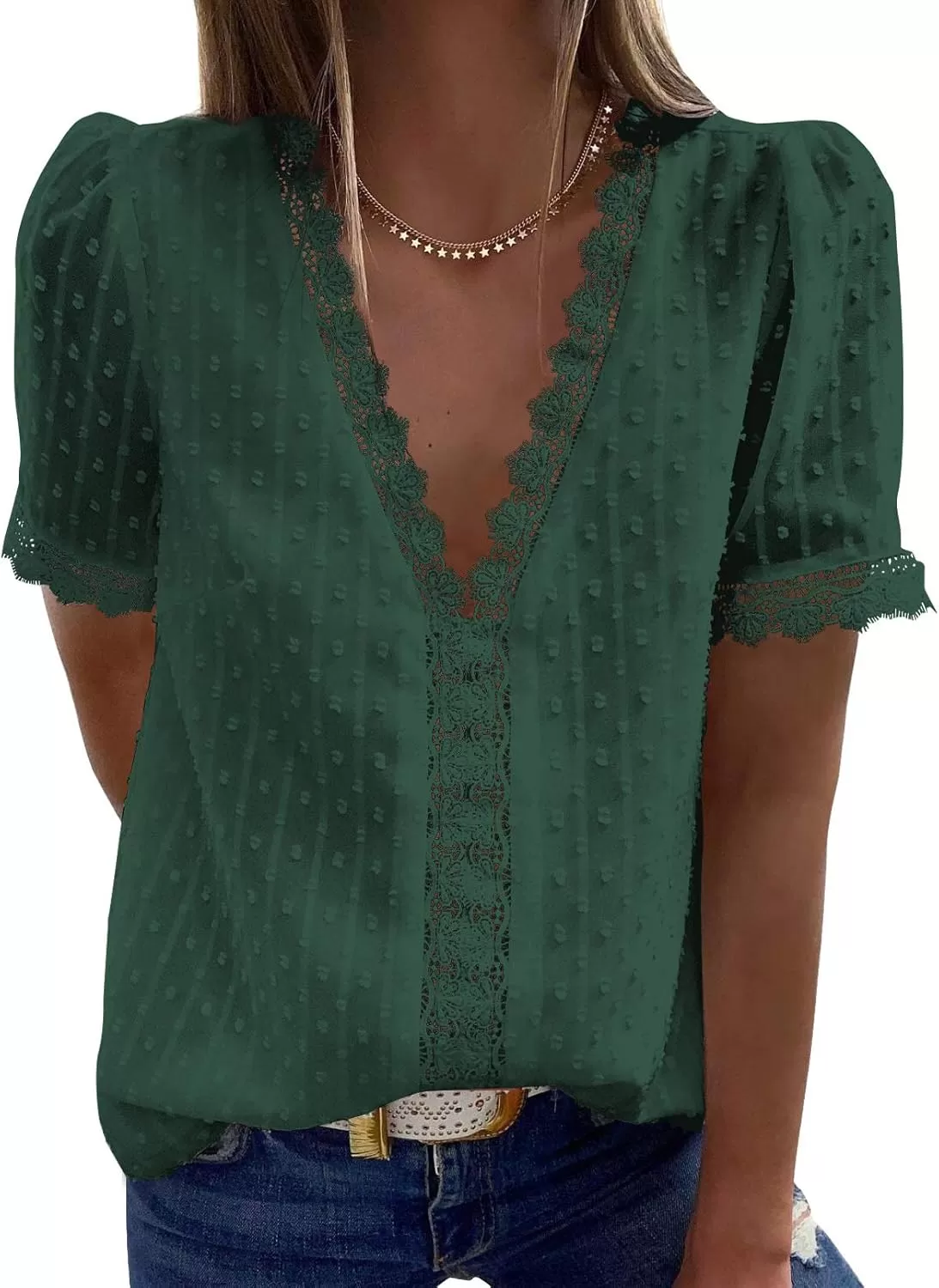 imageAstylish Womens 2023 Lace V Neck Tunic Tank Tops Casual Sleeveless Shirt BlouseU Green