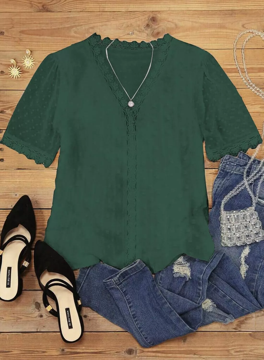 imageAstylish Womens 2023 Lace V Neck Tunic Tank Tops Casual Sleeveless Shirt BlouseU Green