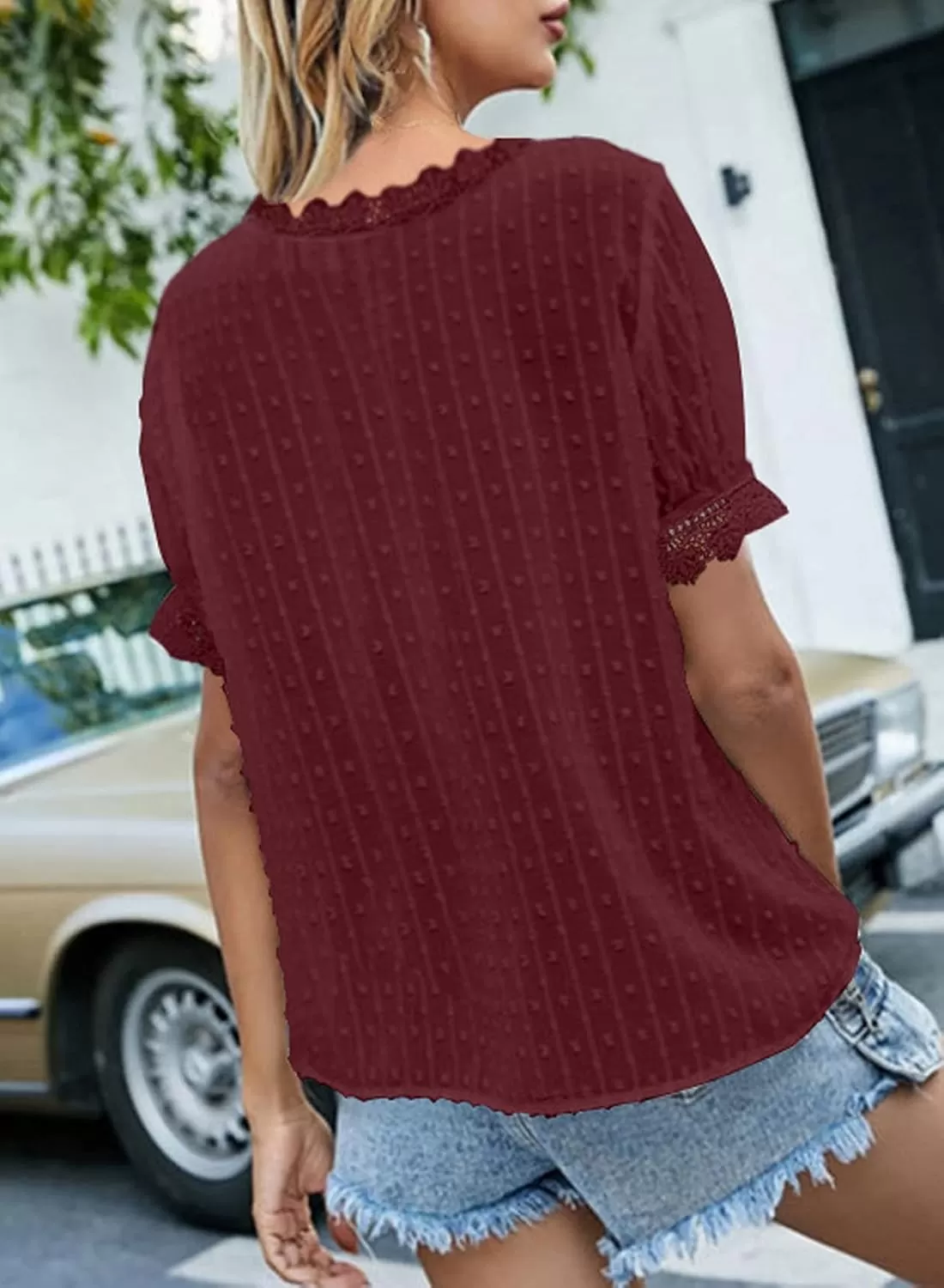 imageAstylish Womens 2023 Lace V Neck Tunic Tank Tops Casual Sleeveless Shirt BlouseU Red