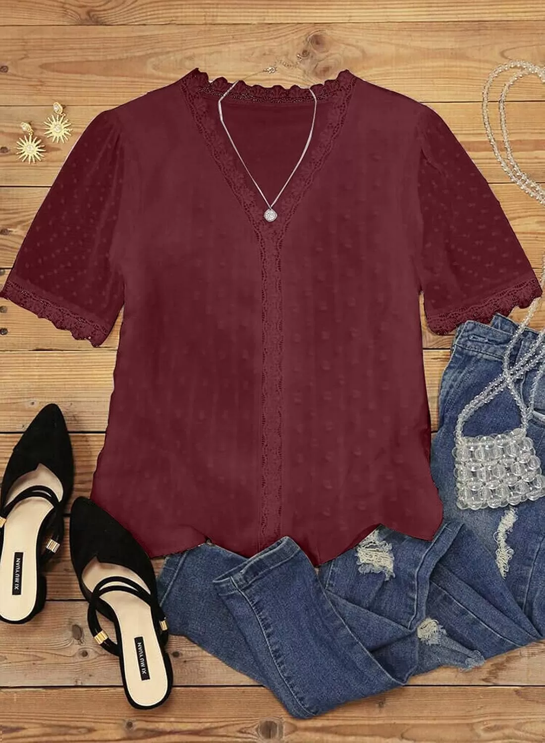 imageAstylish Womens 2023 Lace V Neck Tunic Tank Tops Casual Sleeveless Shirt BlouseU Red