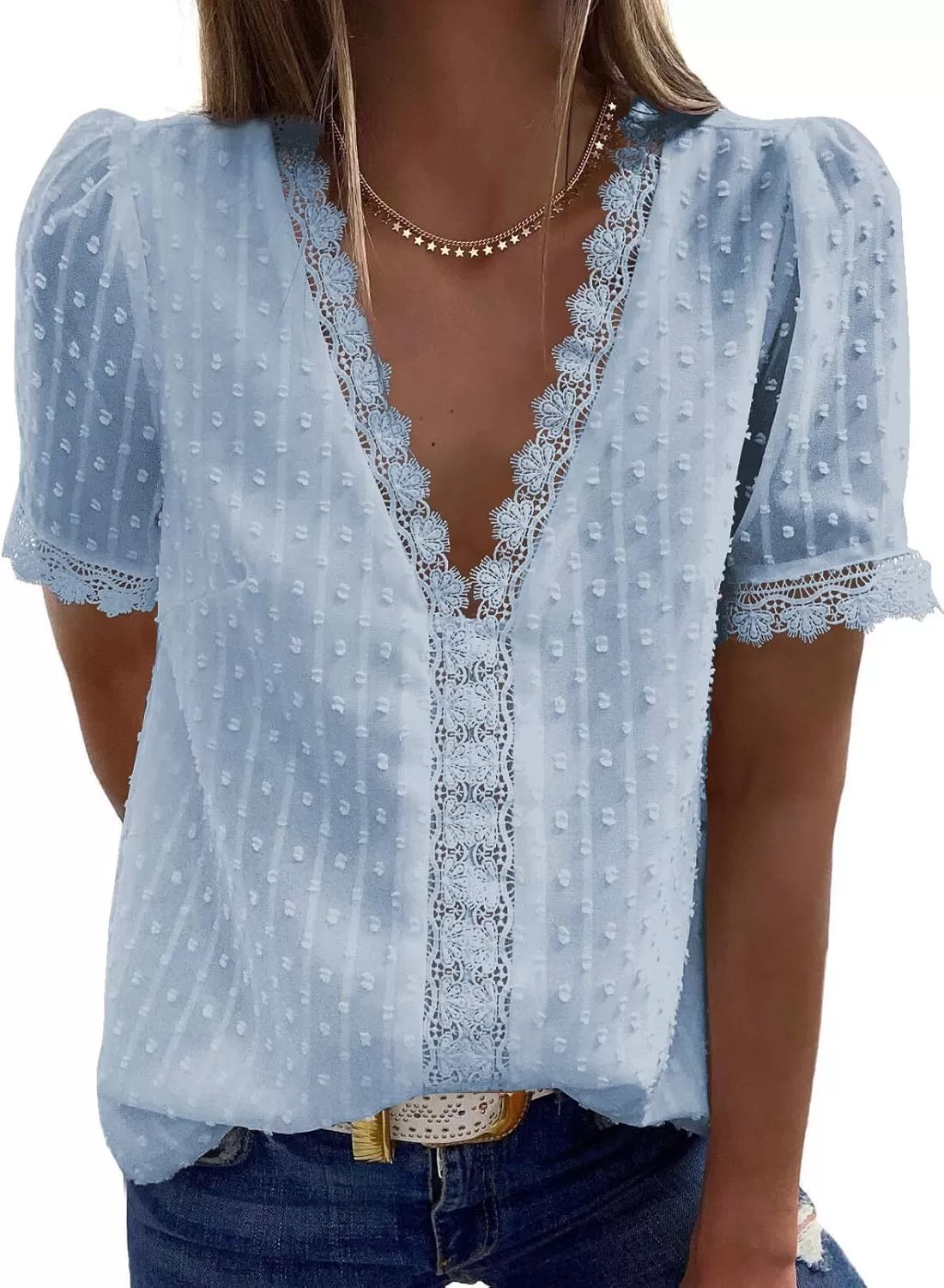 imageAstylish Womens 2023 Lace V Neck Tunic Tank Tops Casual Sleeveless Shirt BlouseU Sky Blue