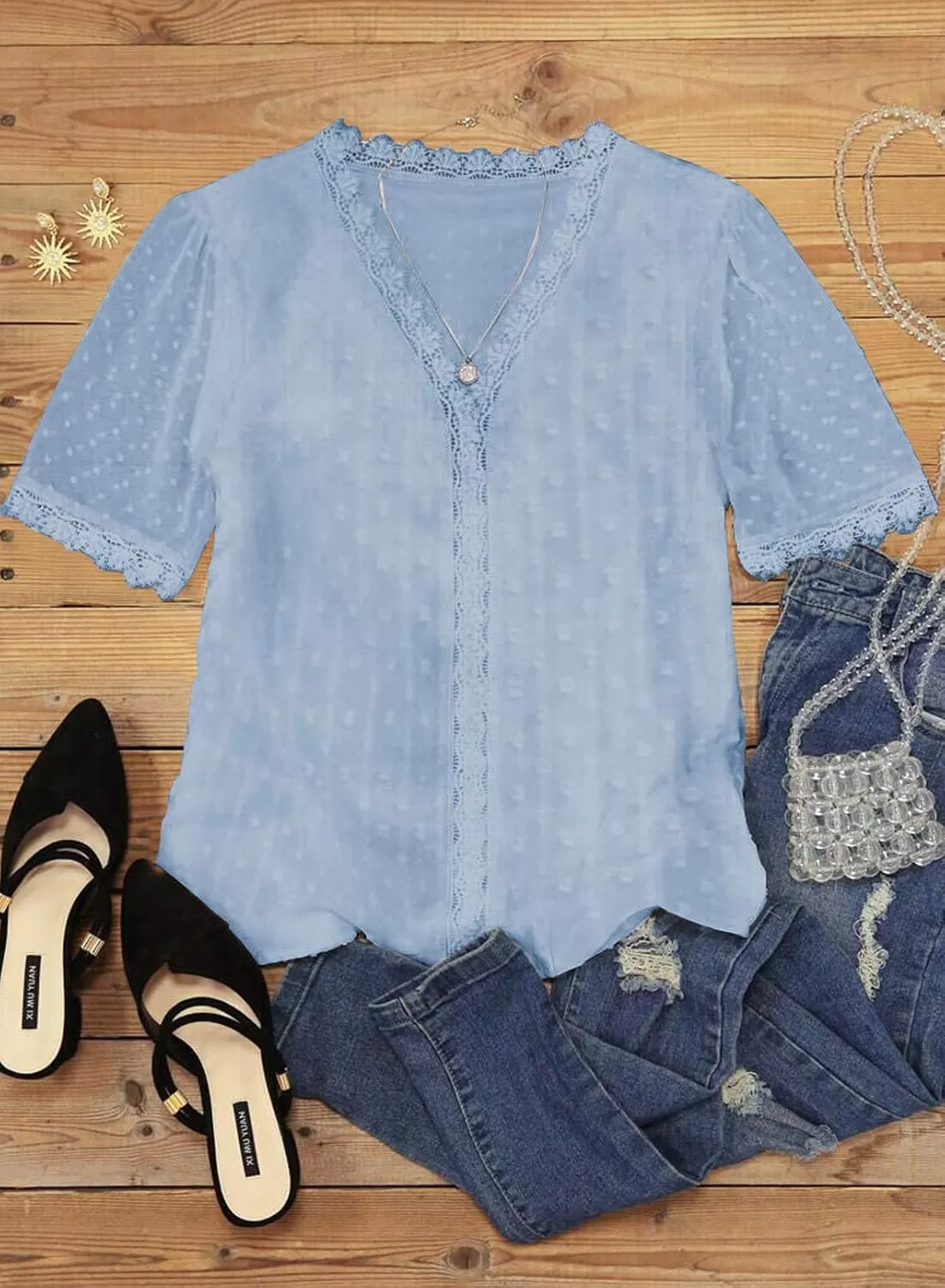 imageAstylish Womens 2023 Lace V Neck Tunic Tank Tops Casual Sleeveless Shirt BlouseU Sky Blue