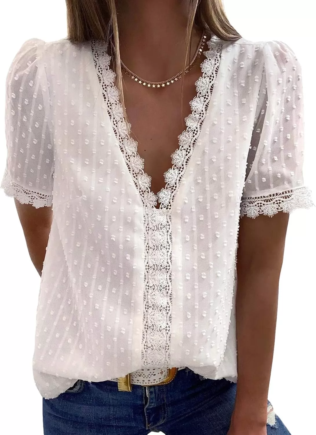 imageAstylish Womens 2023 Lace V Neck Tunic Tank Tops Casual Sleeveless Shirt BlouseU White