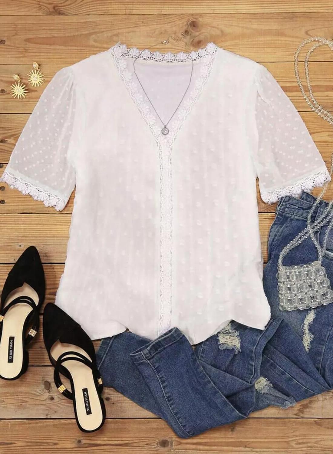 imageAstylish Womens 2023 Lace V Neck Tunic Tank Tops Casual Sleeveless Shirt BlouseU White