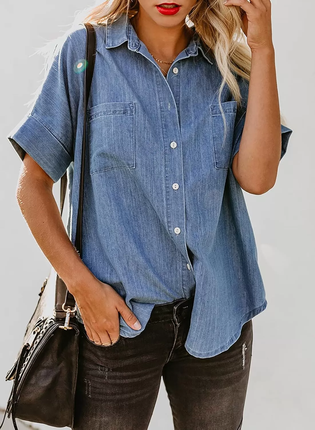 imageAstylish Womens Button Down Shirts V Neck Loose Casual ShirtA Sky Blue