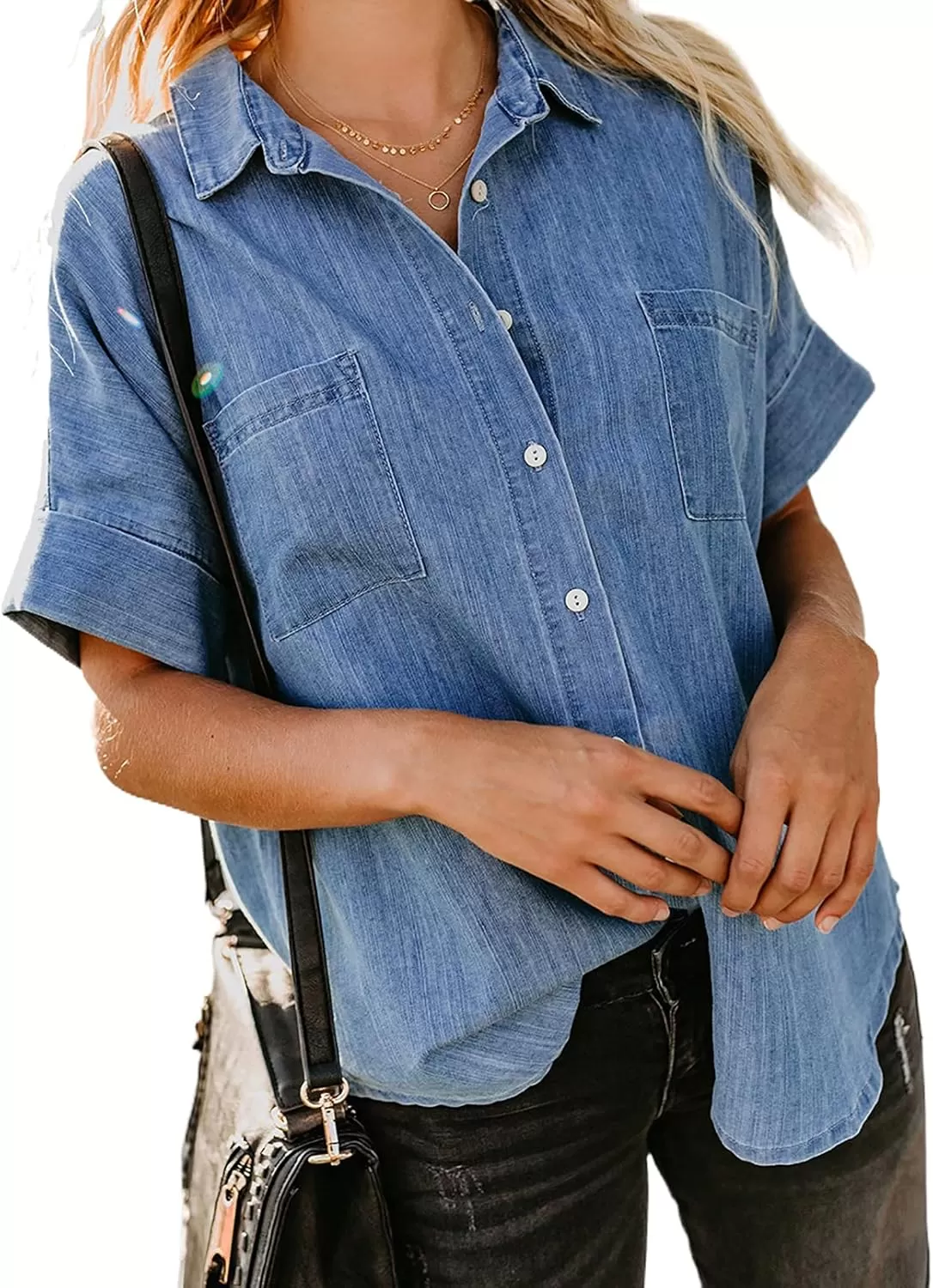 imageAstylish Womens Button Down Shirts V Neck Loose Casual ShirtA Sky Blue