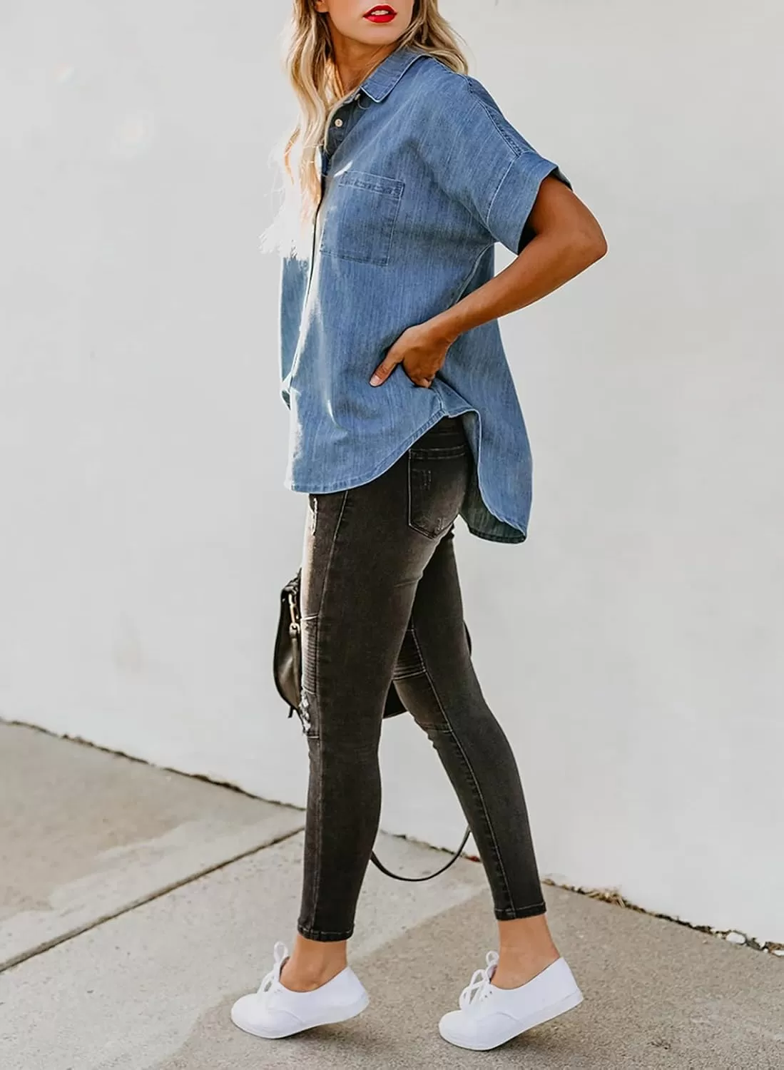 imageAstylish Womens Button Down Shirts V Neck Loose Casual ShirtA Sky Blue
