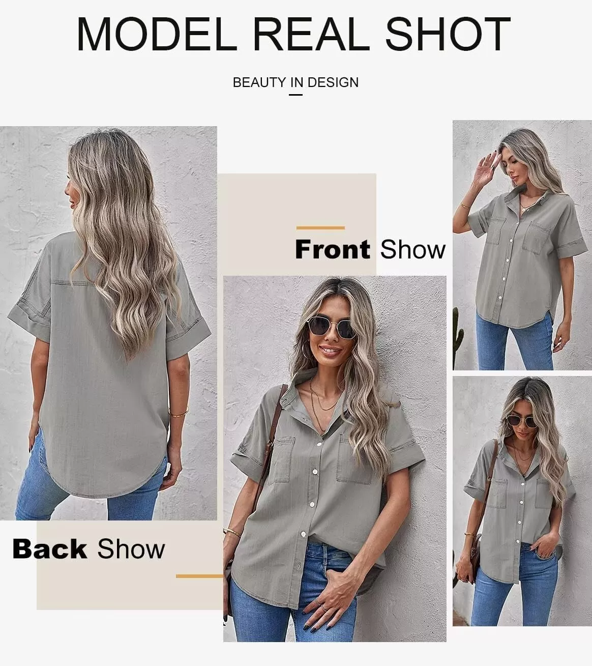 imageAstylish Womens Button Down Shirts V Neck Loose Casual ShirtBlack