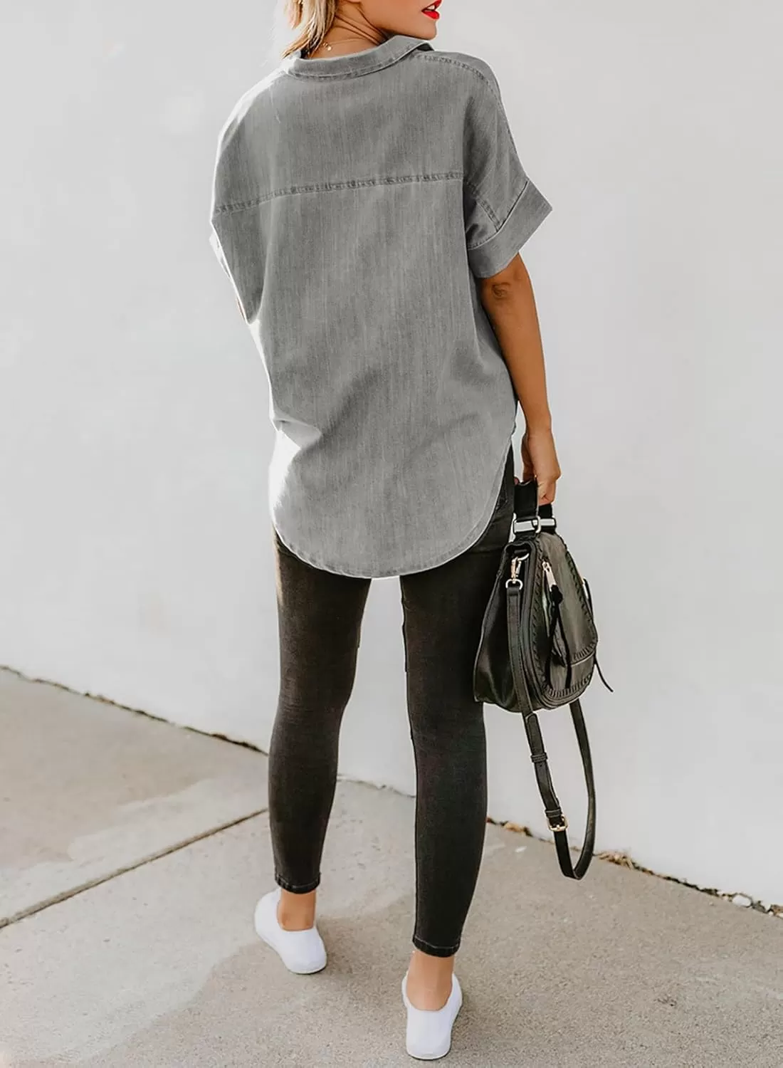 imageAstylish Womens Button Down Shirts V Neck Loose Casual ShirtBlack