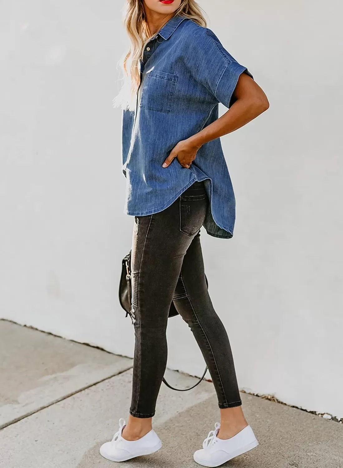 imageAstylish Womens Button Down Shirts V Neck Loose Casual ShirtBlue
