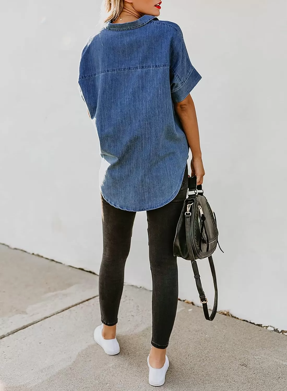 imageAstylish Womens Button Down Shirts V Neck Loose Casual ShirtBlue