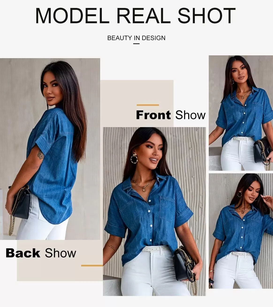 imageAstylish Womens Button Down Shirts V Neck Loose Casual ShirtBlue