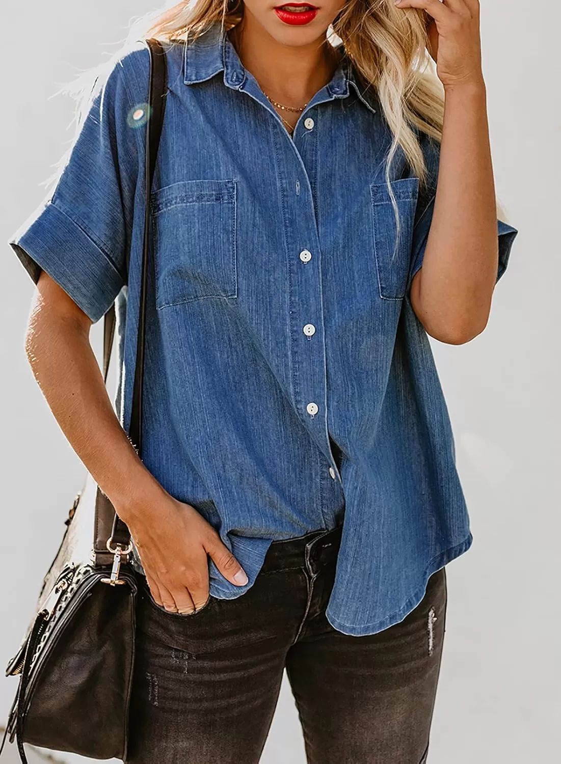 imageAstylish Womens Button Down Shirts V Neck Loose Casual ShirtBlue