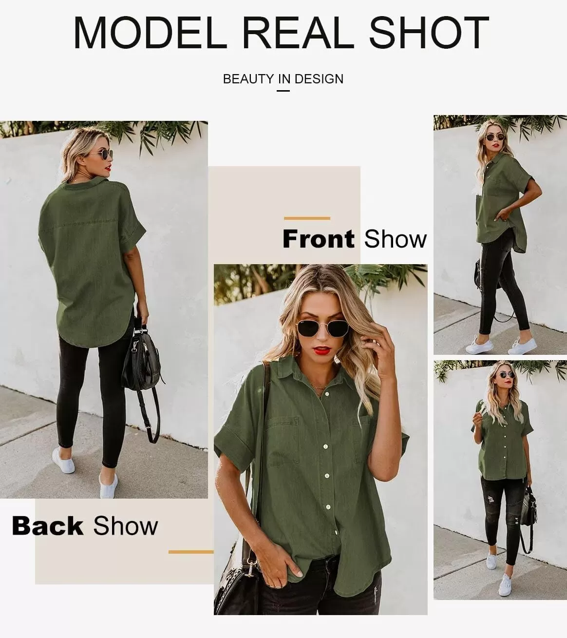 imageAstylish Womens Button Down Shirts V Neck Loose Casual ShirtGreen