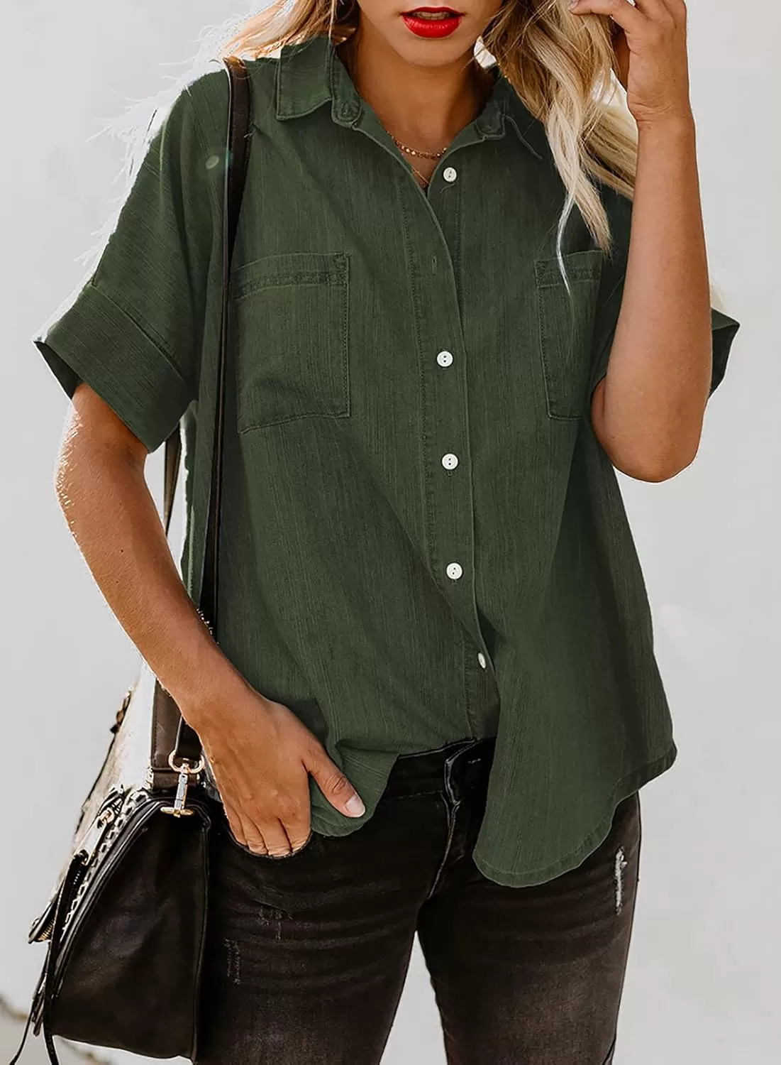 imageAstylish Womens Button Down Shirts V Neck Loose Casual ShirtGreen