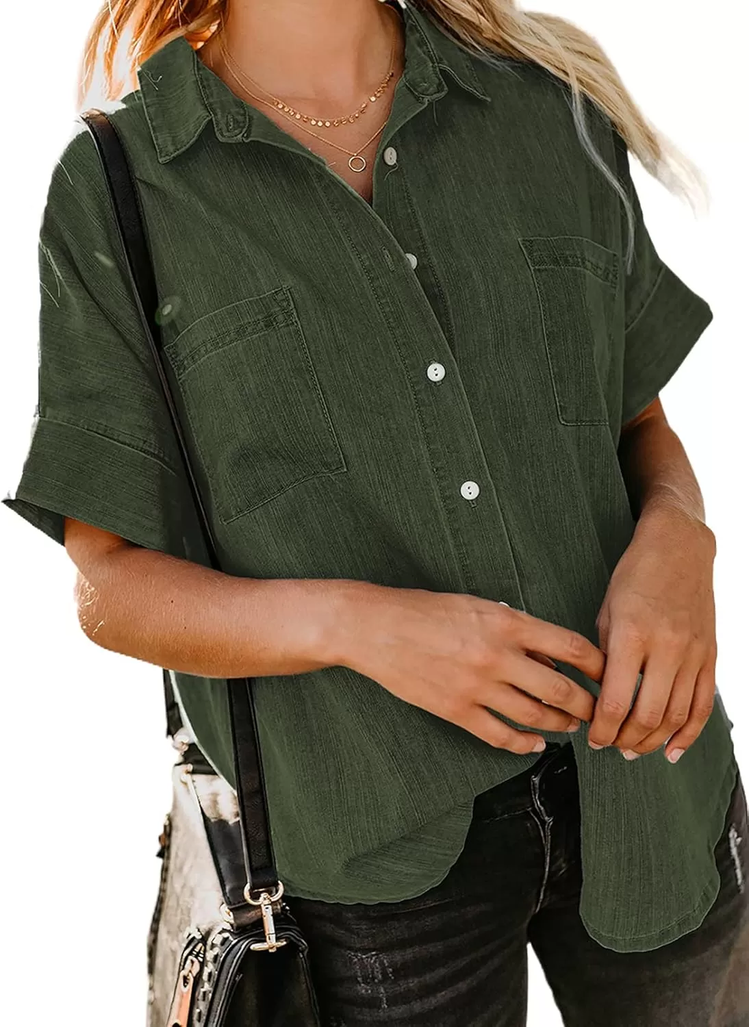 imageAstylish Womens Button Down Shirts V Neck Loose Casual ShirtGreen