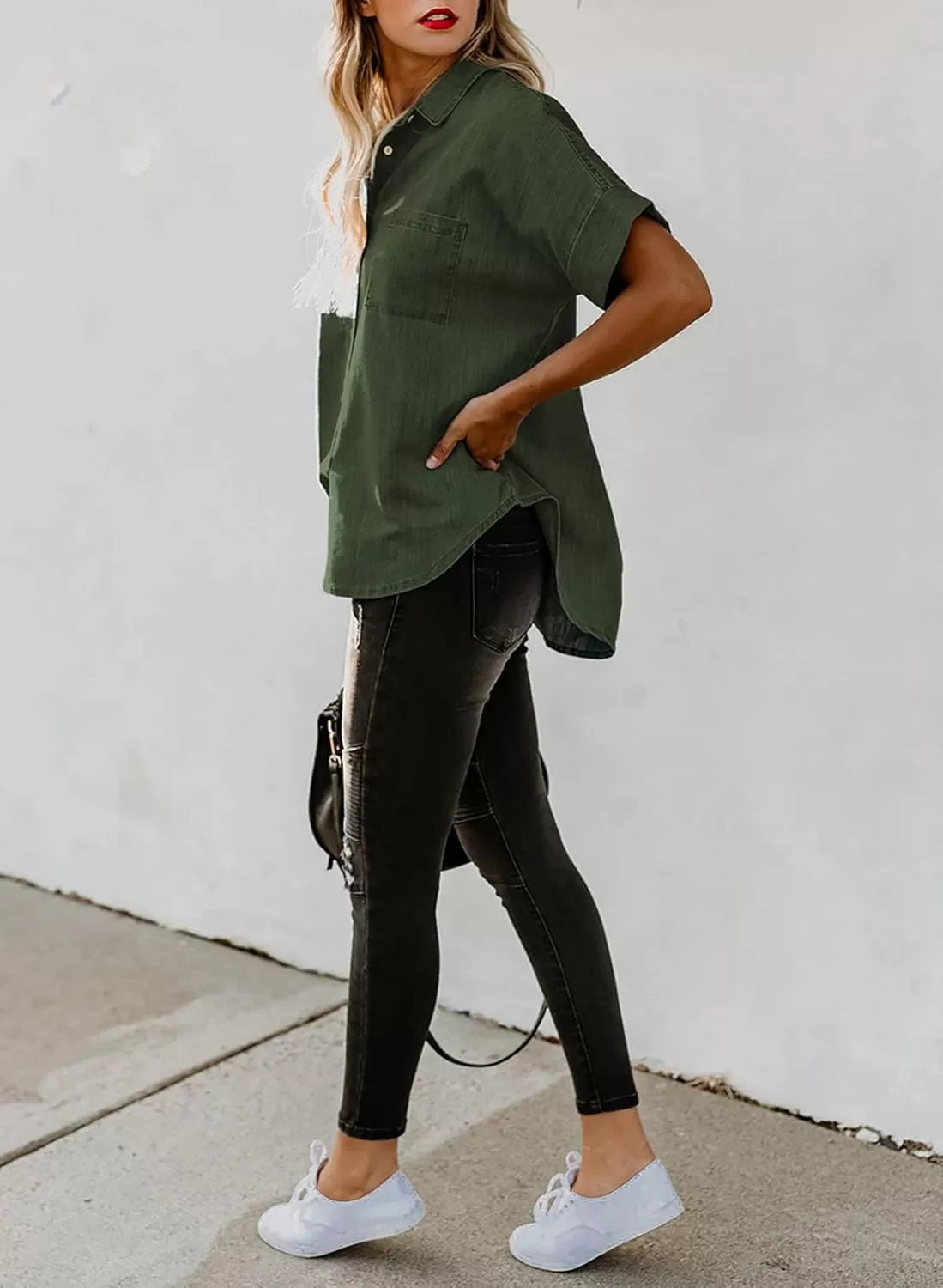 imageAstylish Womens Button Down Shirts V Neck Loose Casual ShirtGreen