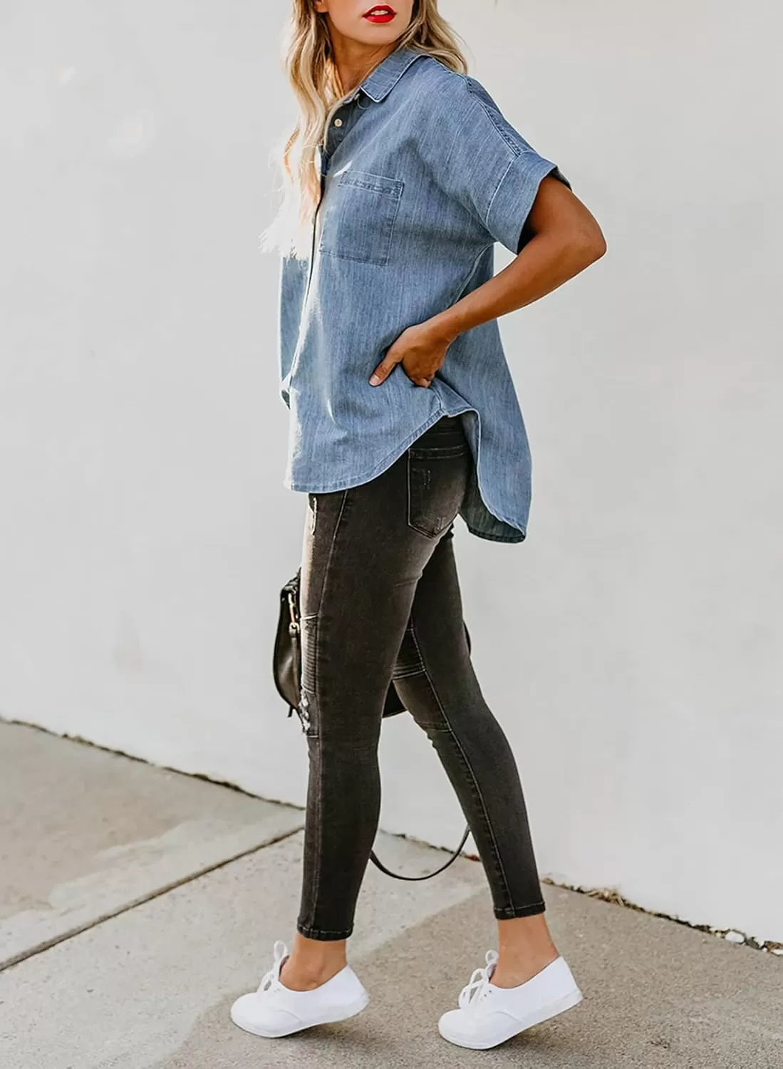 imageAstylish Womens Button Down Shirts V Neck Loose Casual ShirtLight Blue