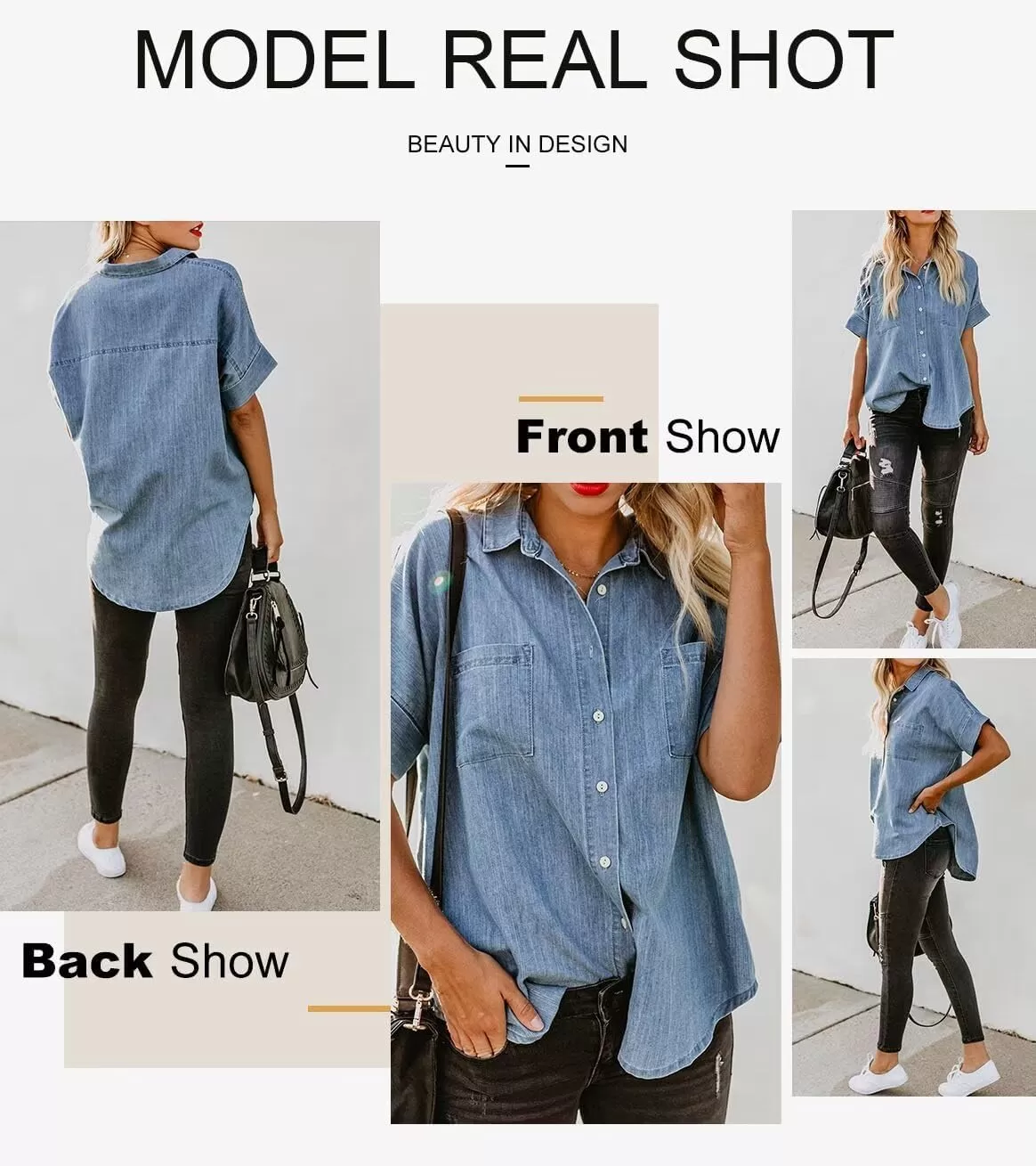 imageAstylish Womens Button Down Shirts V Neck Loose Casual ShirtLight Blue