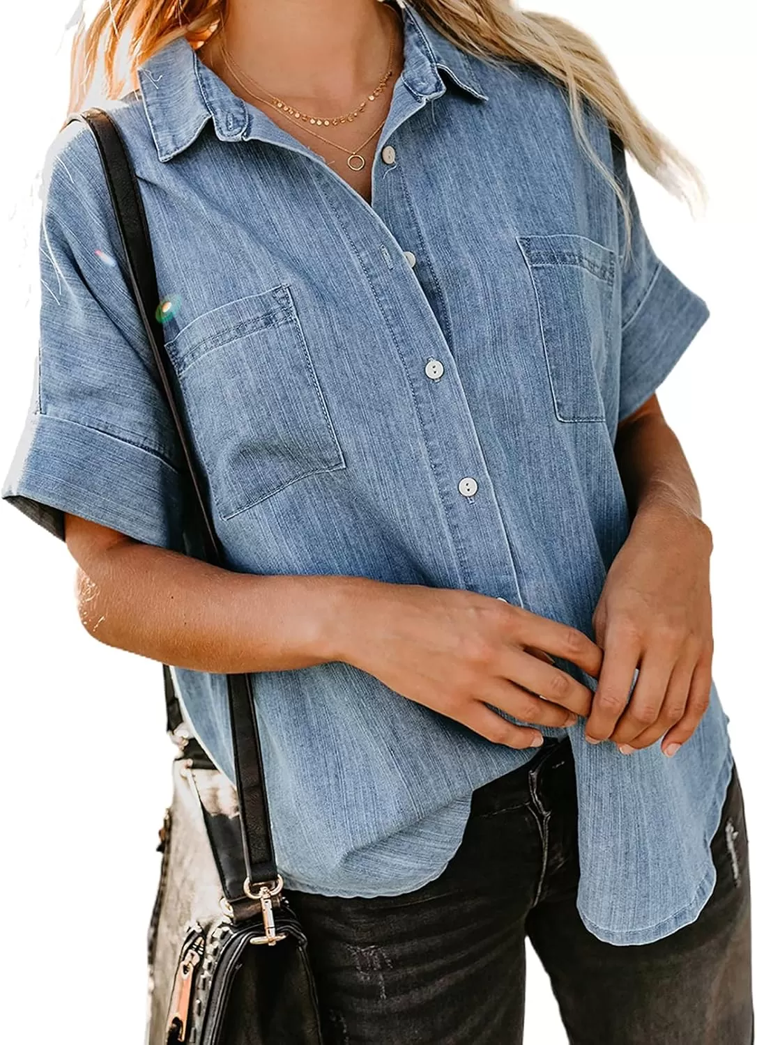 imageAstylish Womens Button Down Shirts V Neck Loose Casual ShirtLight Blue