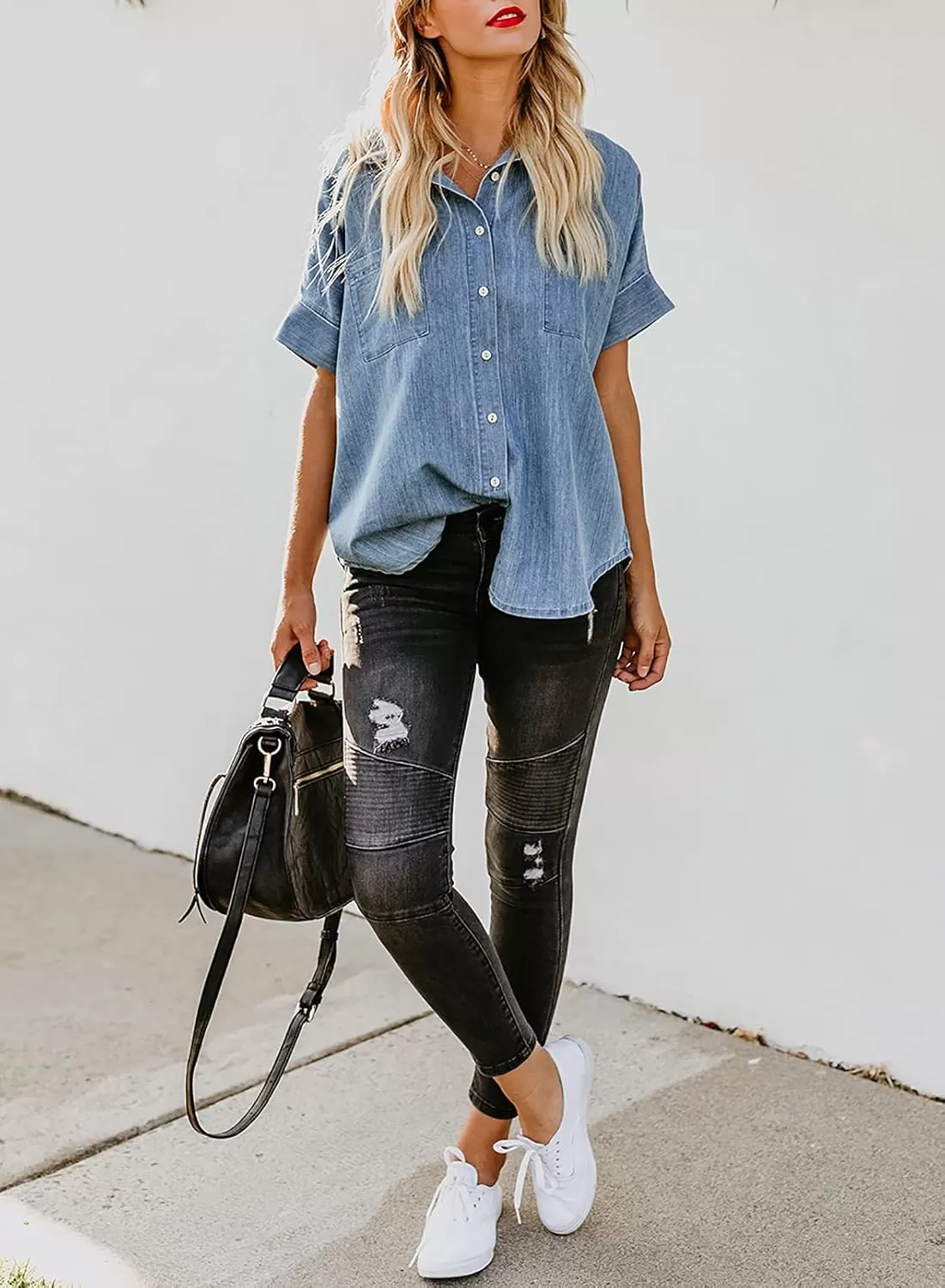 imageAstylish Womens Button Down Shirts V Neck Loose Casual ShirtLight Blue