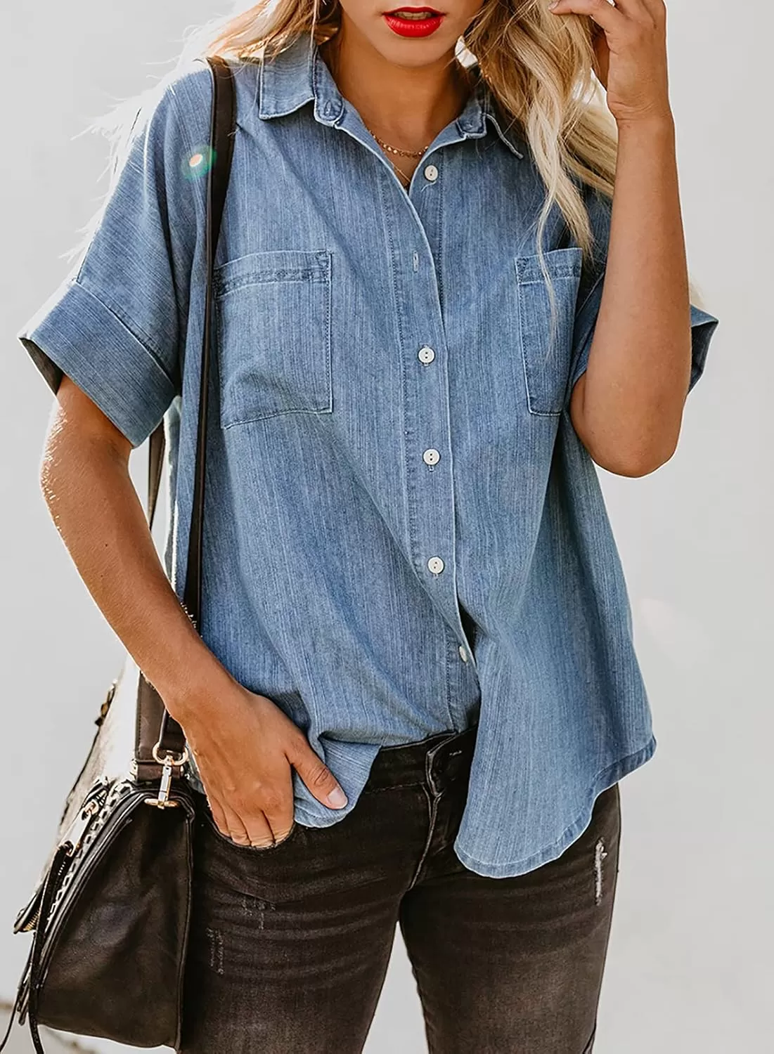 imageAstylish Womens Button Down Shirts V Neck Loose Casual ShirtLight Blue