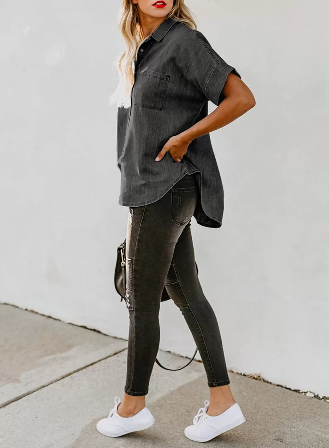 imageAstylish Womens Button Down Shirts V Neck Loose Casual ShirtN Deep Black