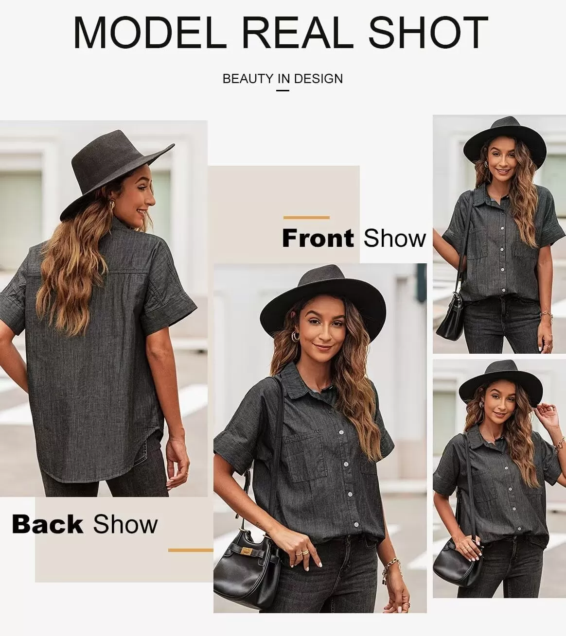 imageAstylish Womens Button Down Shirts V Neck Loose Casual ShirtN Deep Black