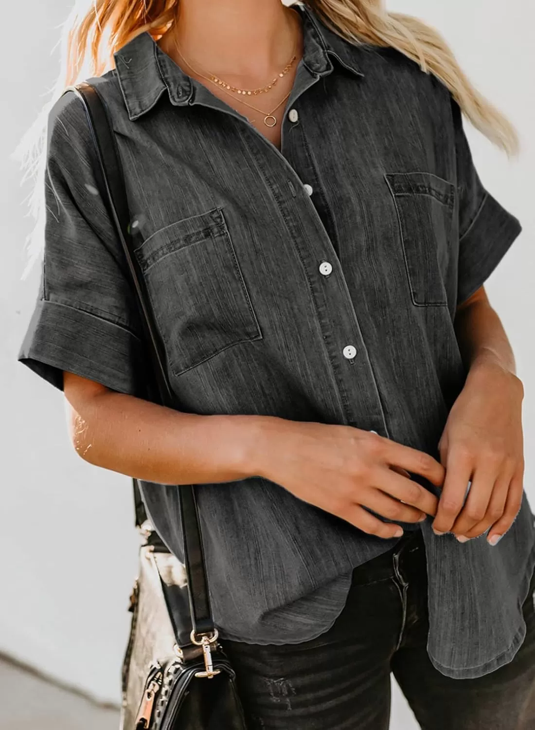 imageAstylish Womens Button Down Shirts V Neck Loose Casual ShirtN Deep Black