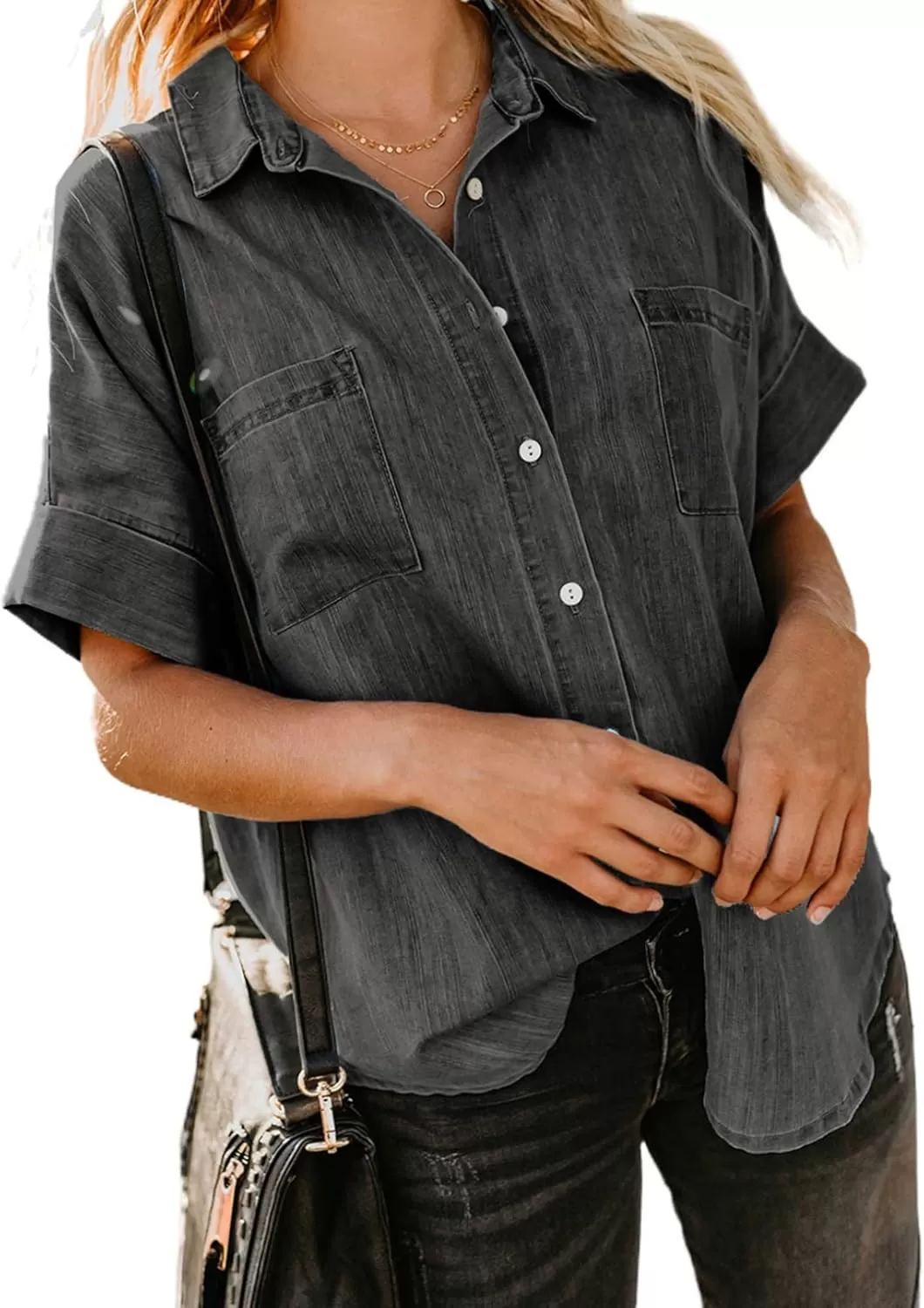 imageAstylish Womens Button Down Shirts V Neck Loose Casual ShirtN Deep Black