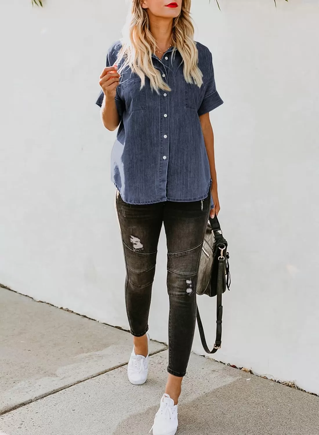 imageAstylish Womens Button Down Shirts V Neck Loose Casual ShirtN Deep Blue