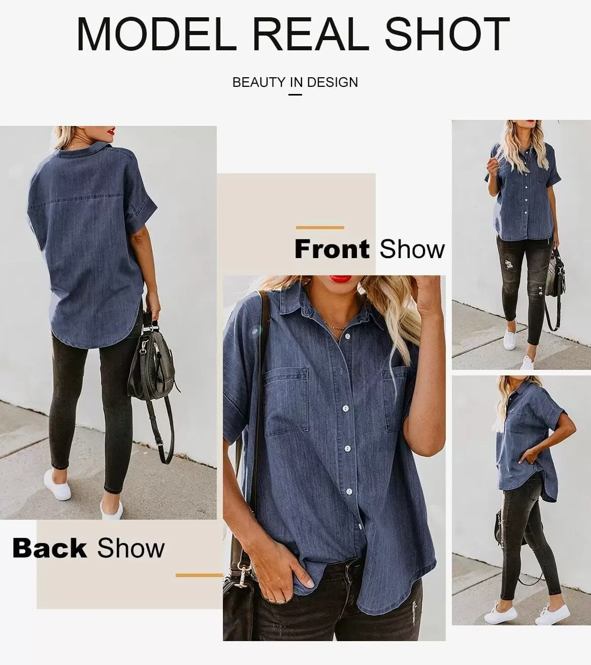 imageAstylish Womens Button Down Shirts V Neck Loose Casual ShirtN Deep Blue