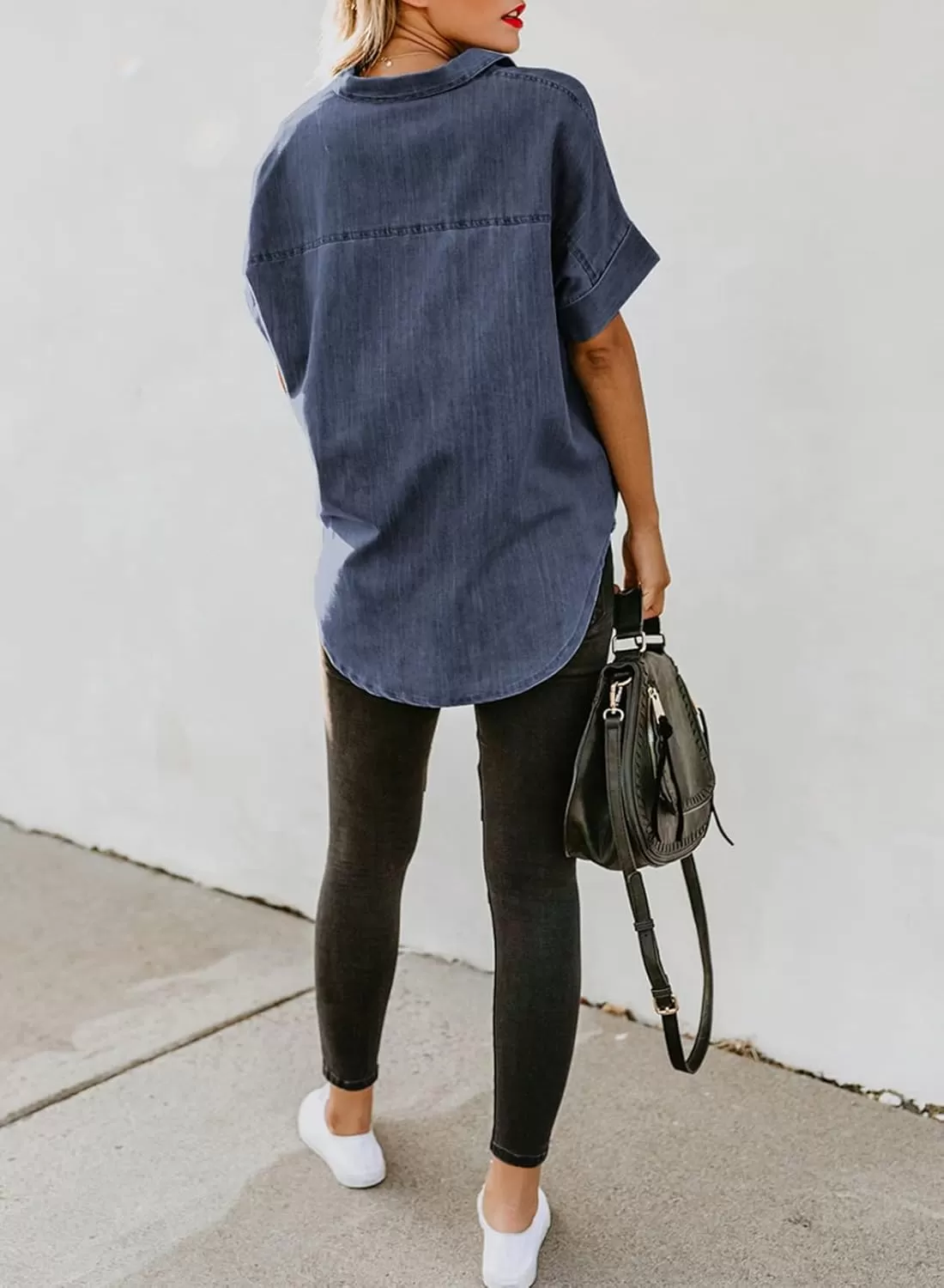 imageAstylish Womens Button Down Shirts V Neck Loose Casual ShirtN Deep Blue