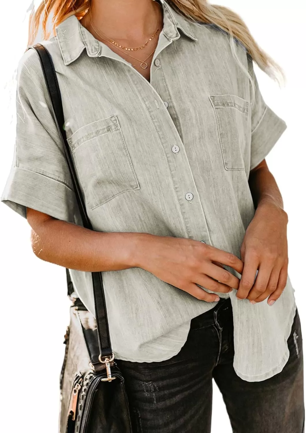 imageAstylish Womens Button Down Shirts V Neck Loose Casual ShirtN Khaki