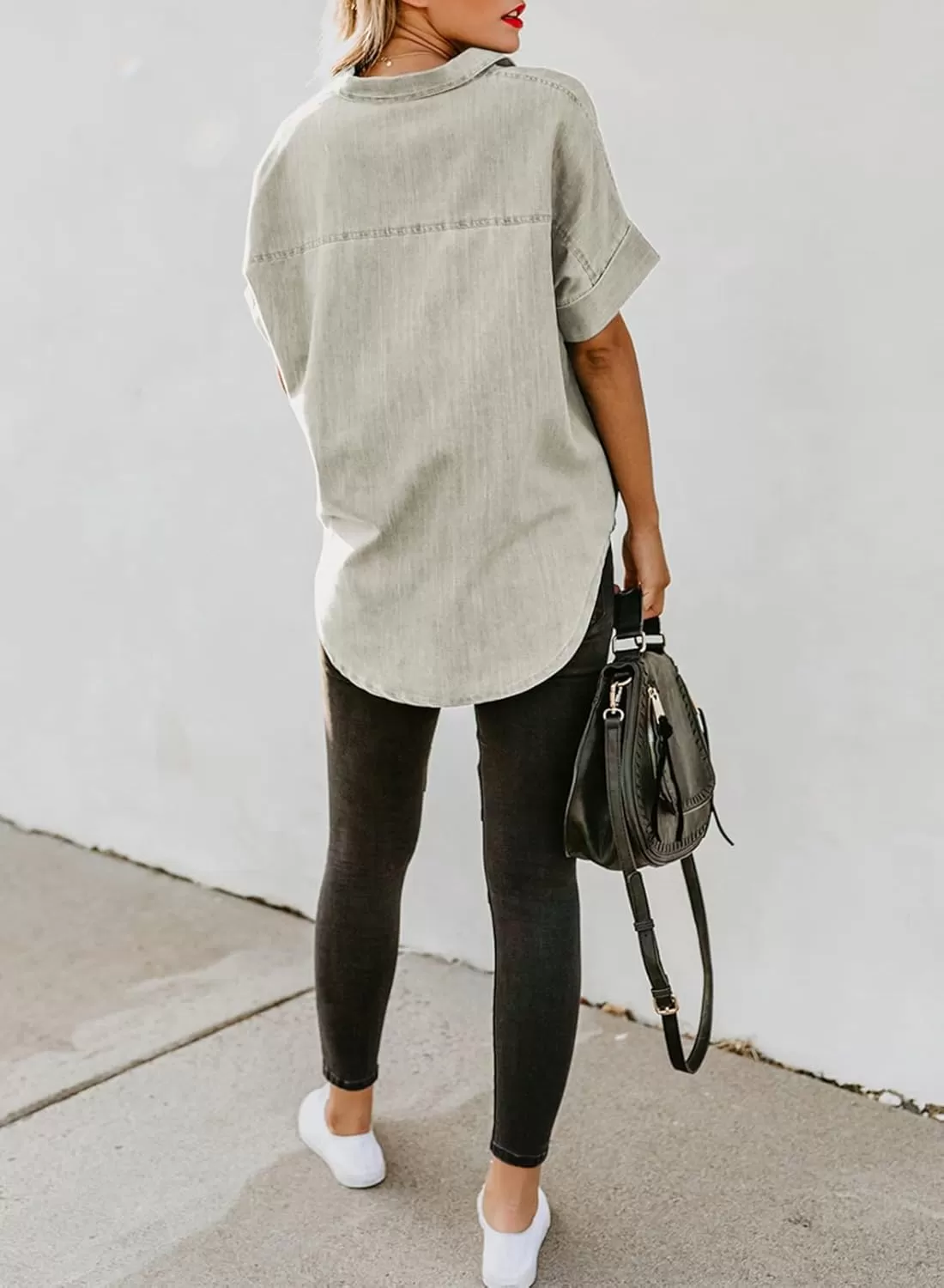 imageAstylish Womens Button Down Shirts V Neck Loose Casual ShirtN Khaki