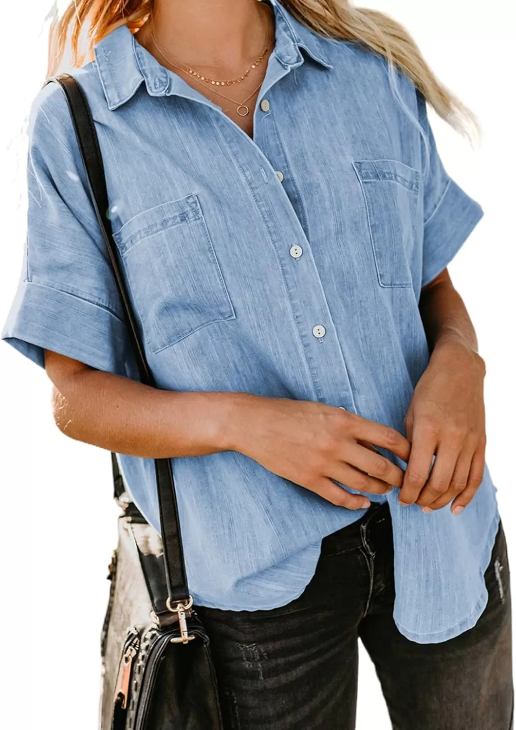 imageAstylish Womens Button Down Shirts V Neck Loose Casual ShirtN Light Sky Blue