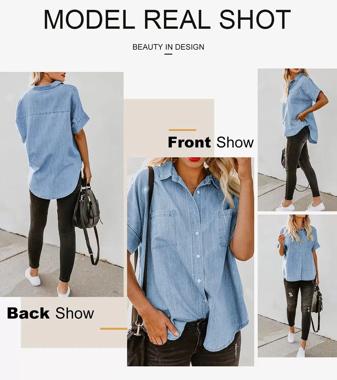 imageAstylish Womens Button Down Shirts V Neck Loose Casual ShirtN Light Sky Blue