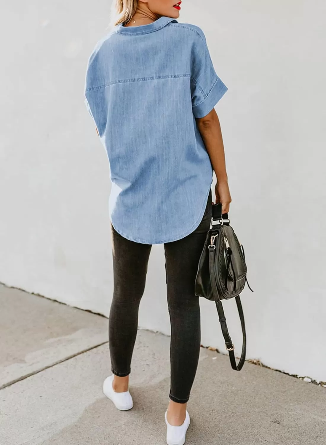 imageAstylish Womens Button Down Shirts V Neck Loose Casual ShirtN Light Sky Blue