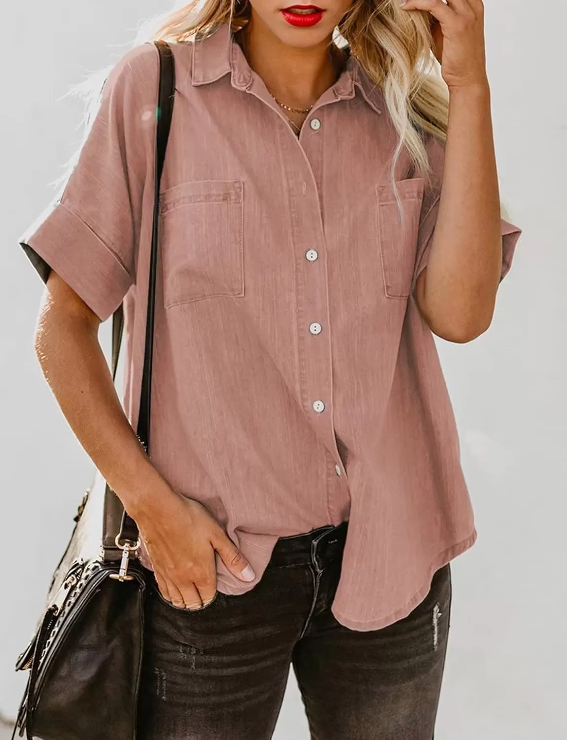 imageAstylish Womens Button Down Shirts V Neck Loose Casual ShirtN Pink